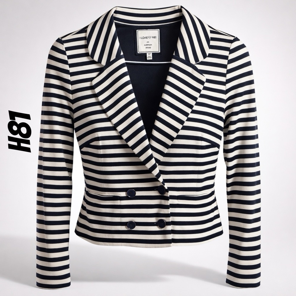 I LOVE H81 Blazer Women's Size Small Navy Blue White Striped Collar Long Sleeve